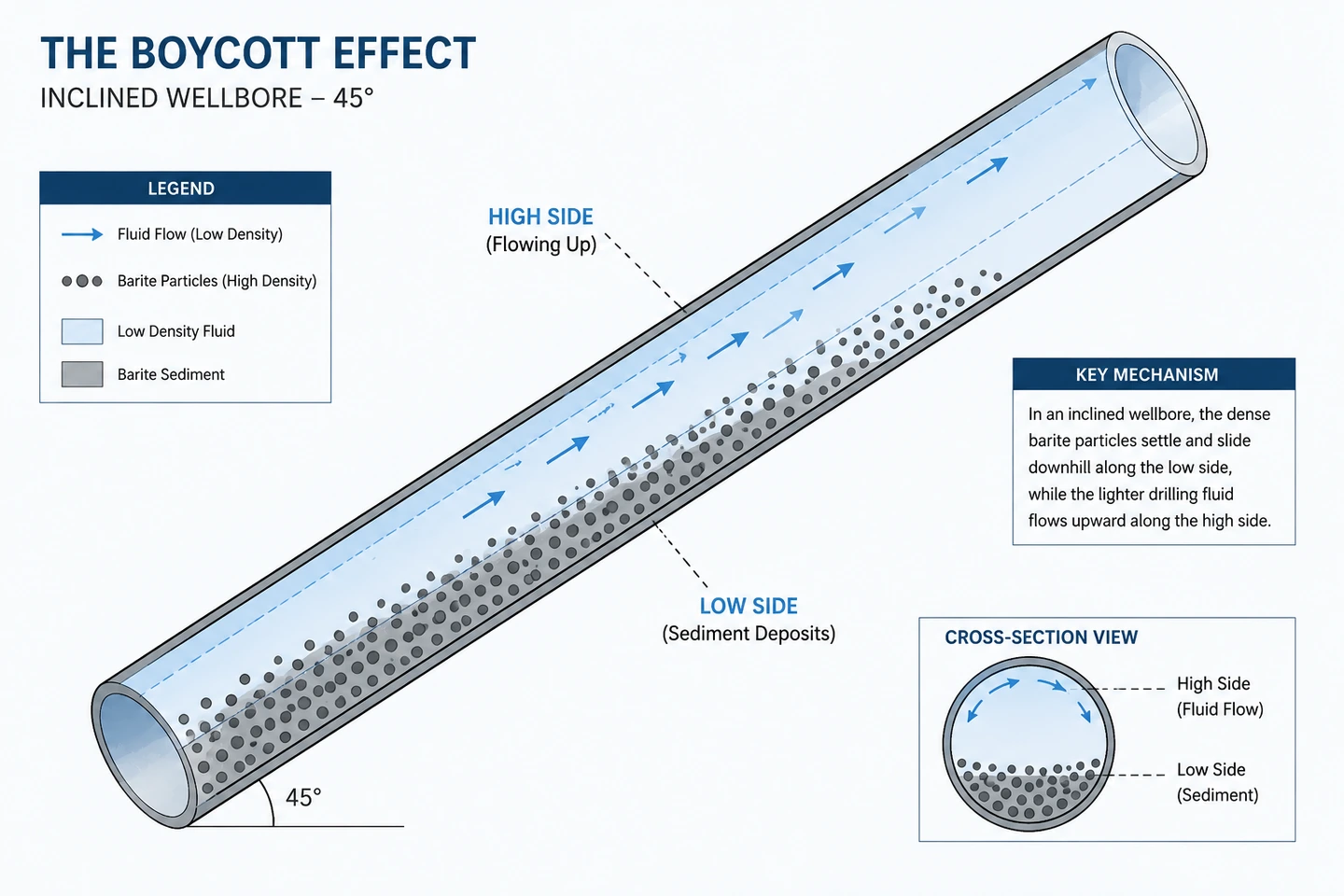 Diagram of the Boycott effect showing barite settling to the low side of a 45 degree inclined wellbore while lighter fluid rises along the high side